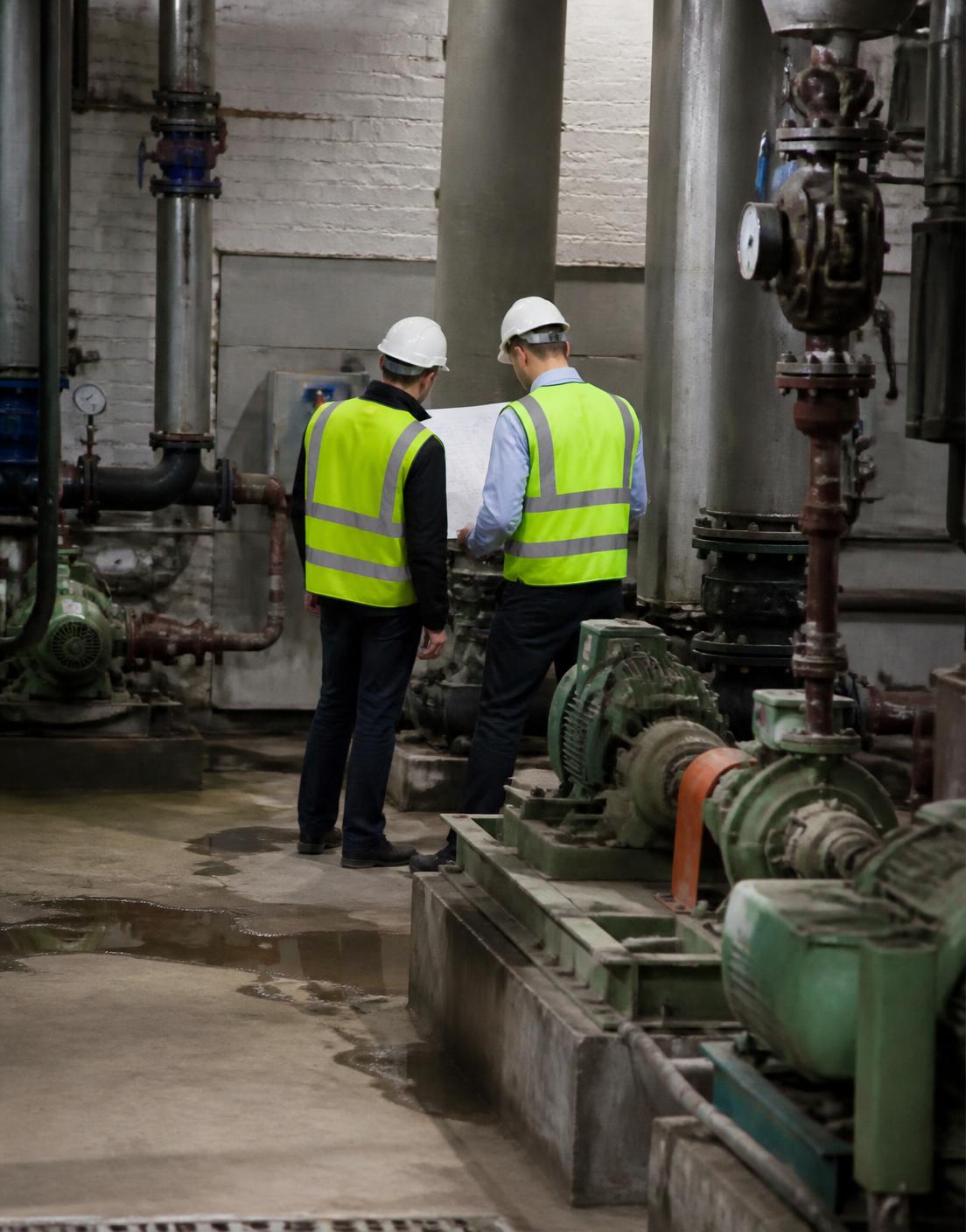 Engineers reviewing drawings inside a pump house
