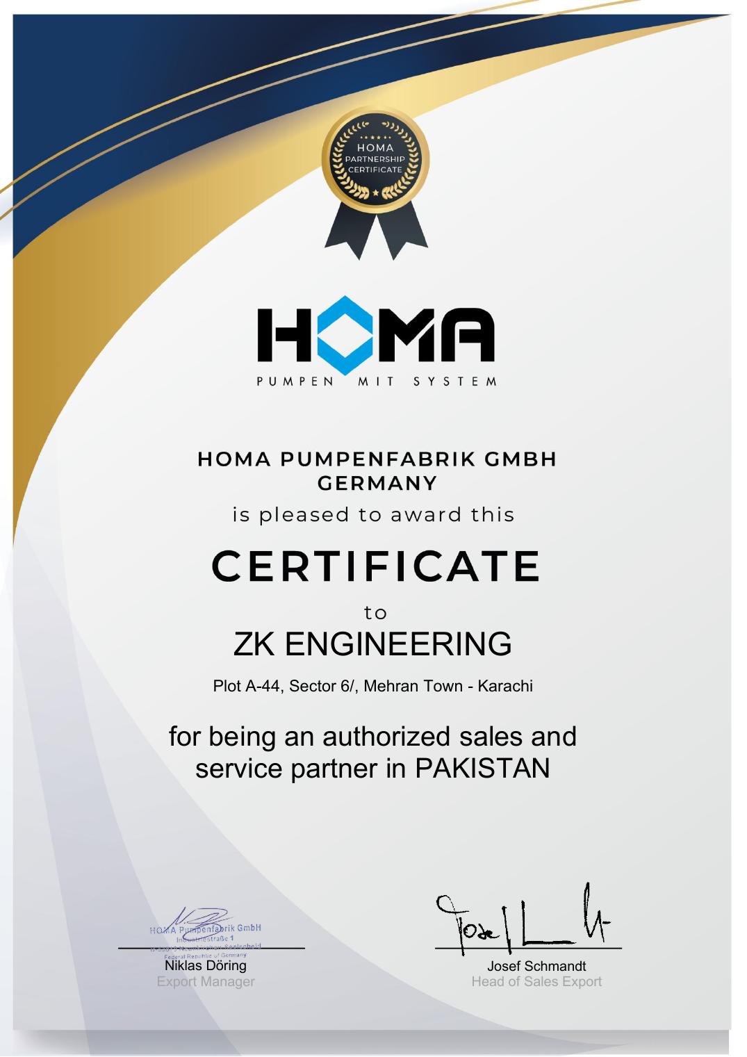 HOMA Pumpenfabrik GmbH authorization certificate for ZK Engineering