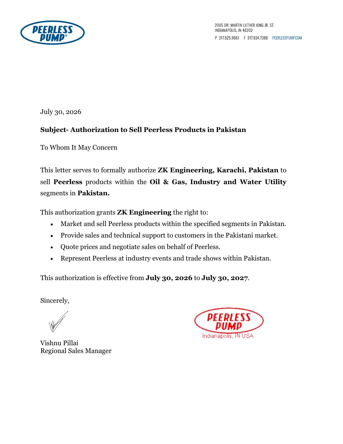 Peerless Pump Company authorization certificate for ZK Engineering